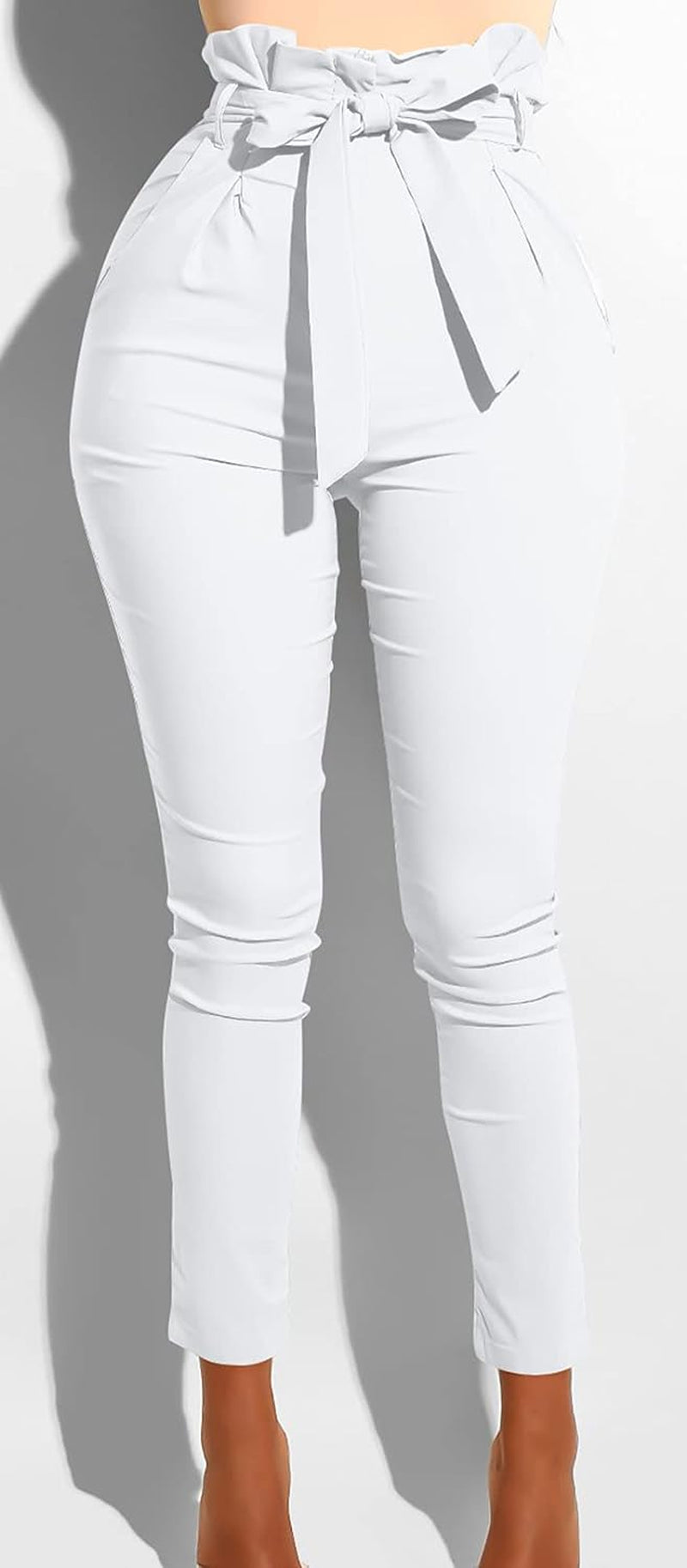 Women's Casual Full Length High Waist Tie Knot Skinny Pants with Pockets White