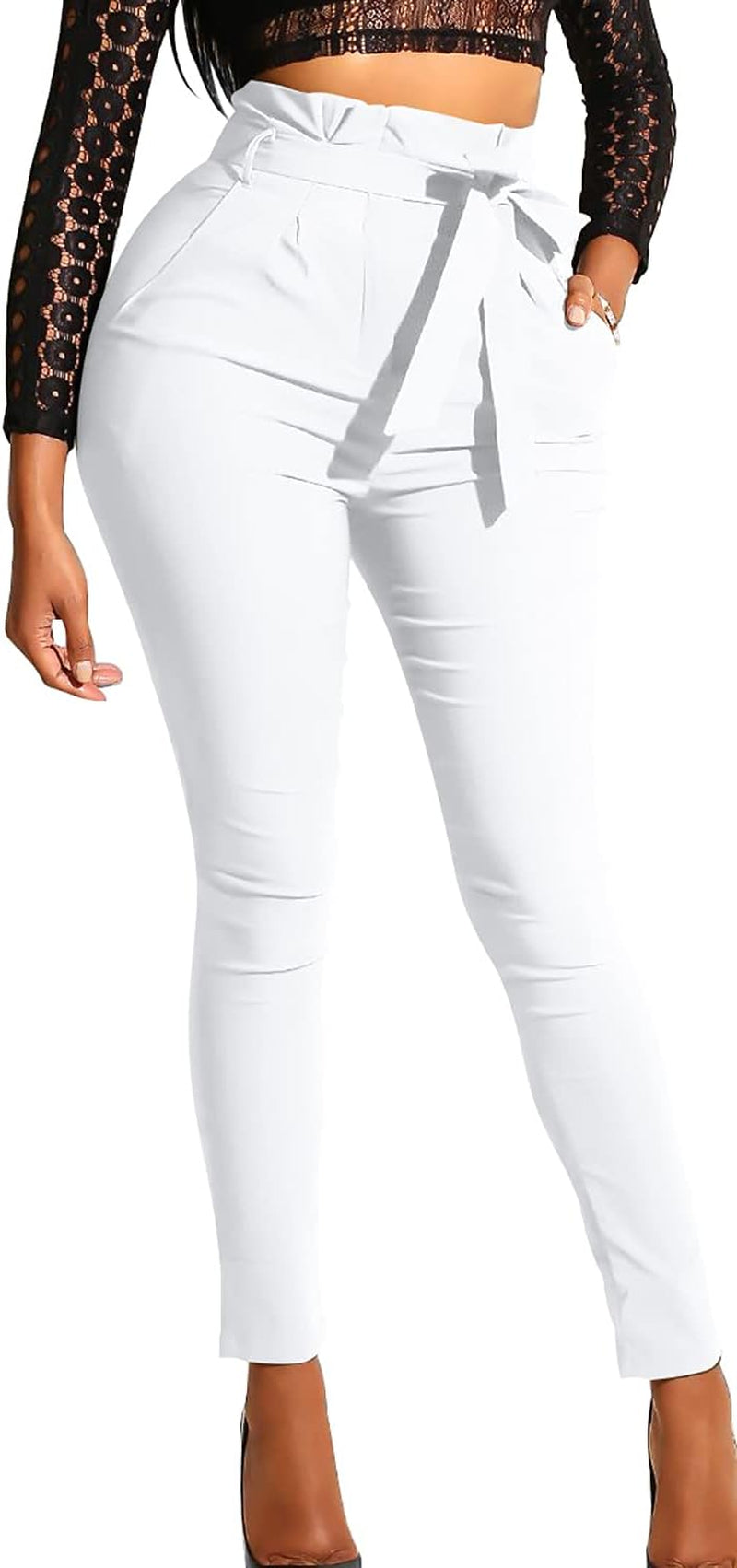 Women's Casual Full Length High Waist Tie Knot Skinny Pants with Pockets White